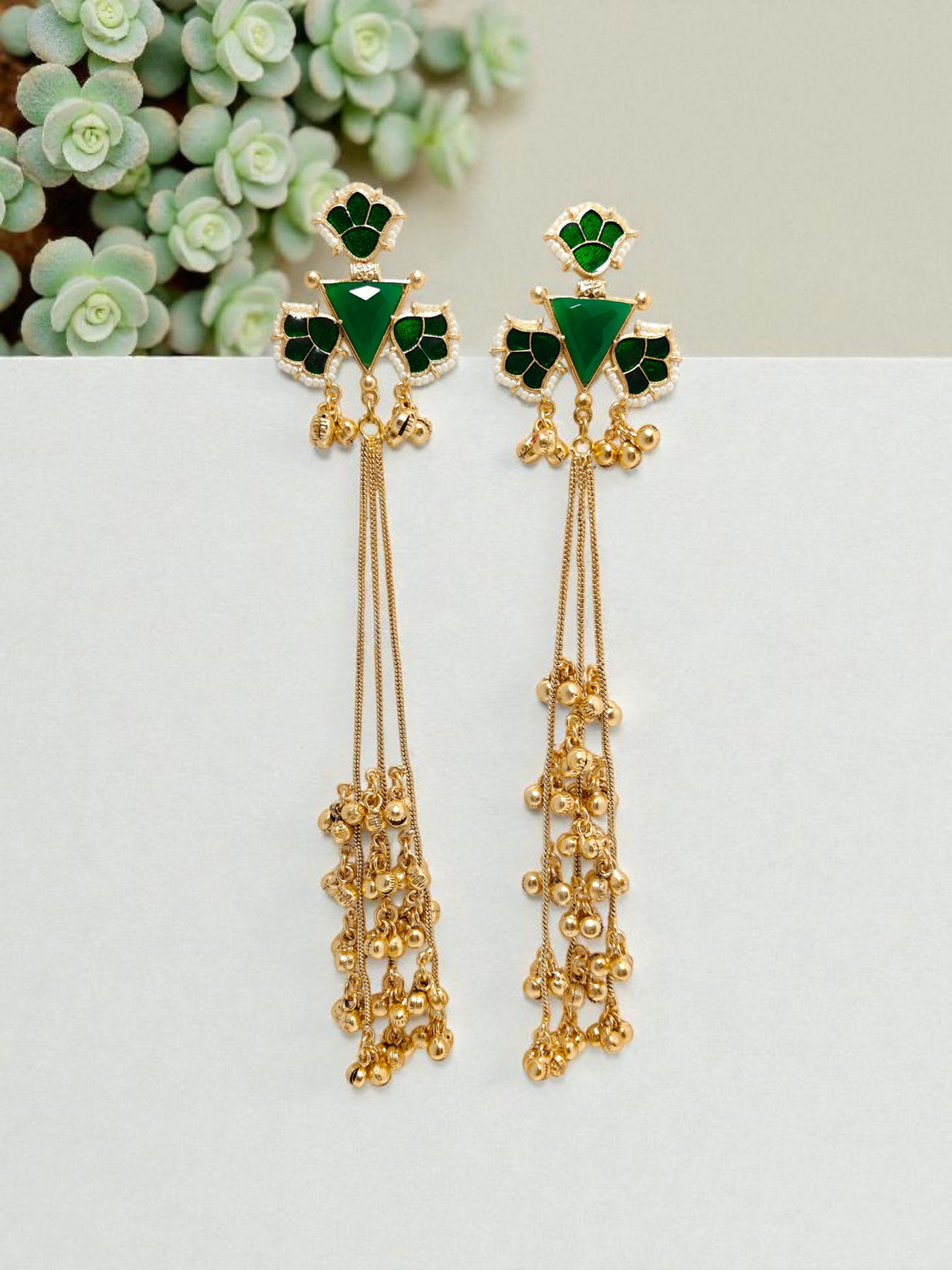 Kashmiri Earrings, Length (7.8 inches), Colour (Green).