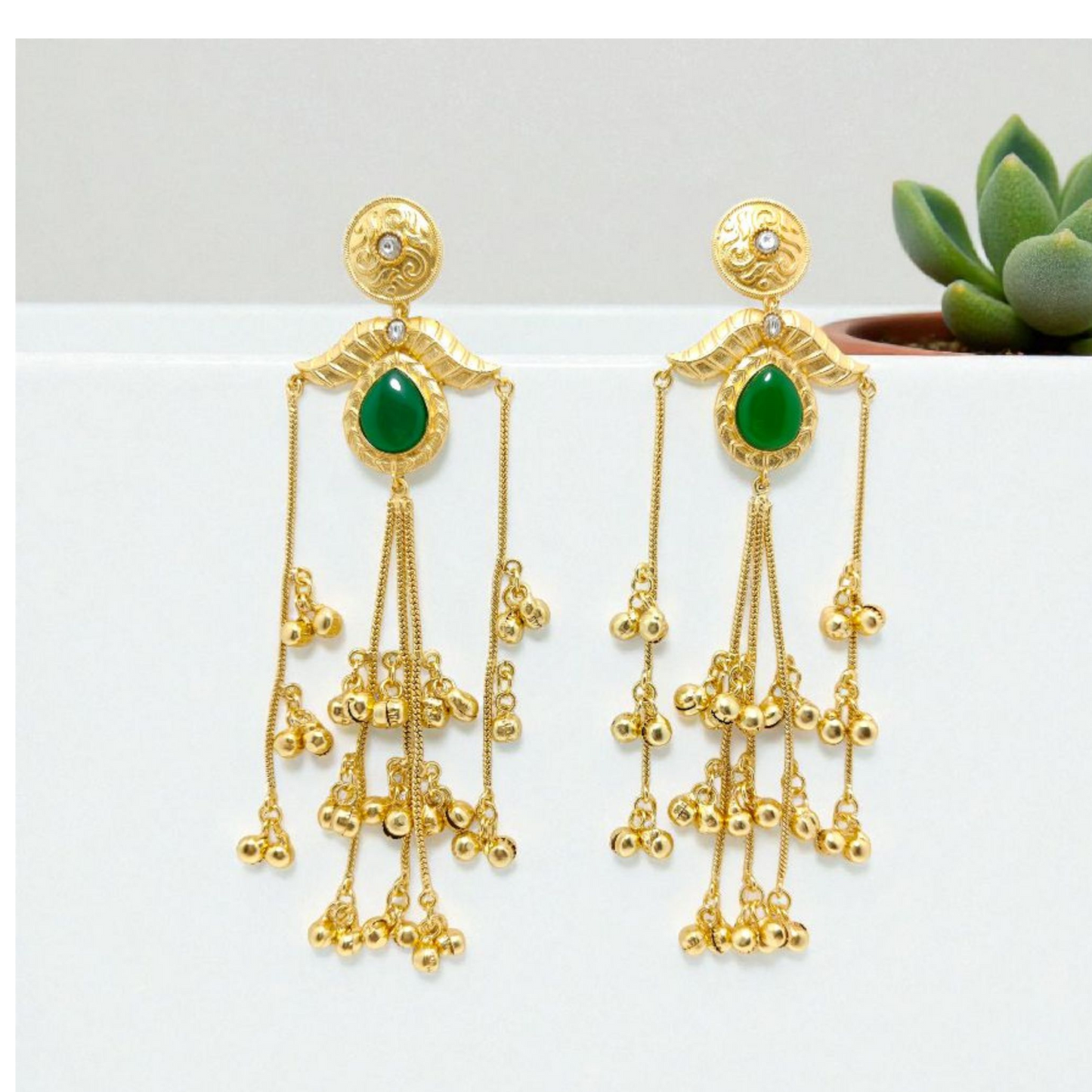 Kashmiri Earrings, Length (5.3 inches), Colour (Green).