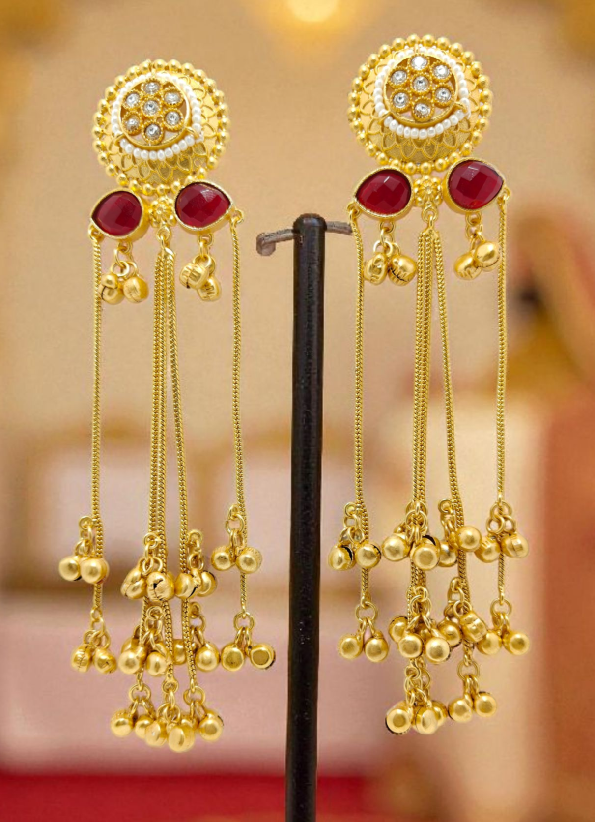 Kashmiri Earrings, Length (5.5 inches), Colour (Red).