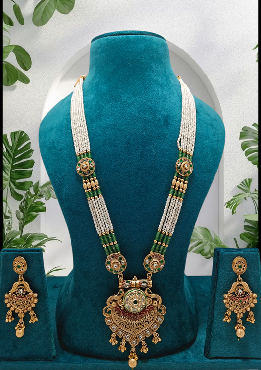 "Rani Haar Jewellery Set - White and Green Beads with Gold Pendant and Earrings"