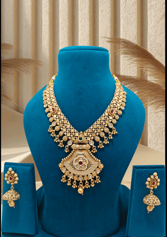 "Gold Plated Necklace Set with intricate designs - Traditional Indian Jewellery"
