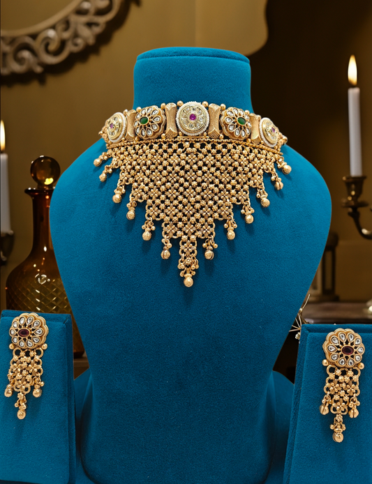 "Gold Plated Aadh Choker Set with Kundan and Pearls - Indian Jewellery"