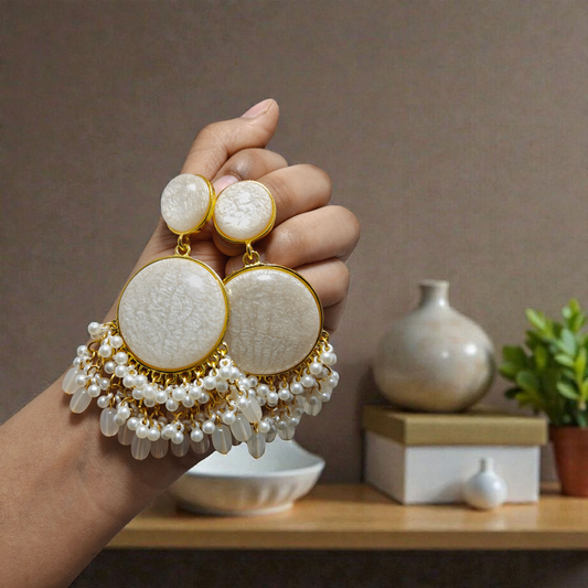 Gold Toned White Stone Earrings with Pearls drop