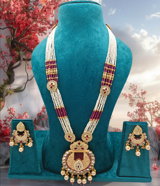 "Long Kundan Rani Haar with Pearls and Ruby details- Traditional Indian Jewellery."