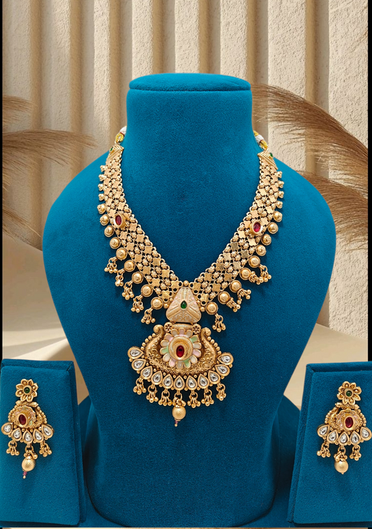 "Gold Plated Necklace Set with intricate designs - Traditional Indian Jewellery"
