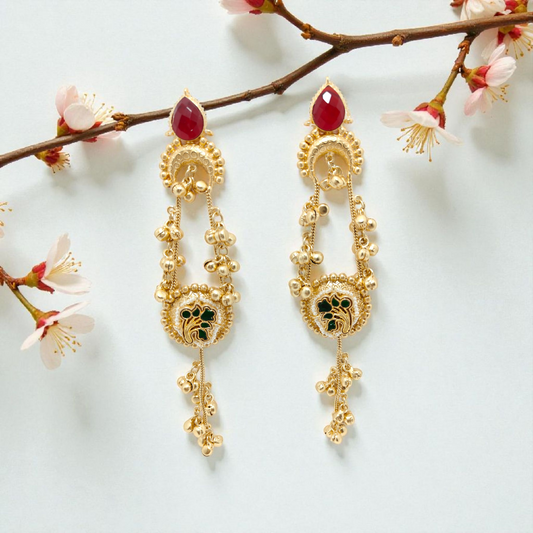 Kashmiri Earrings, Length (6.2 inches), Colour (Red and Green).