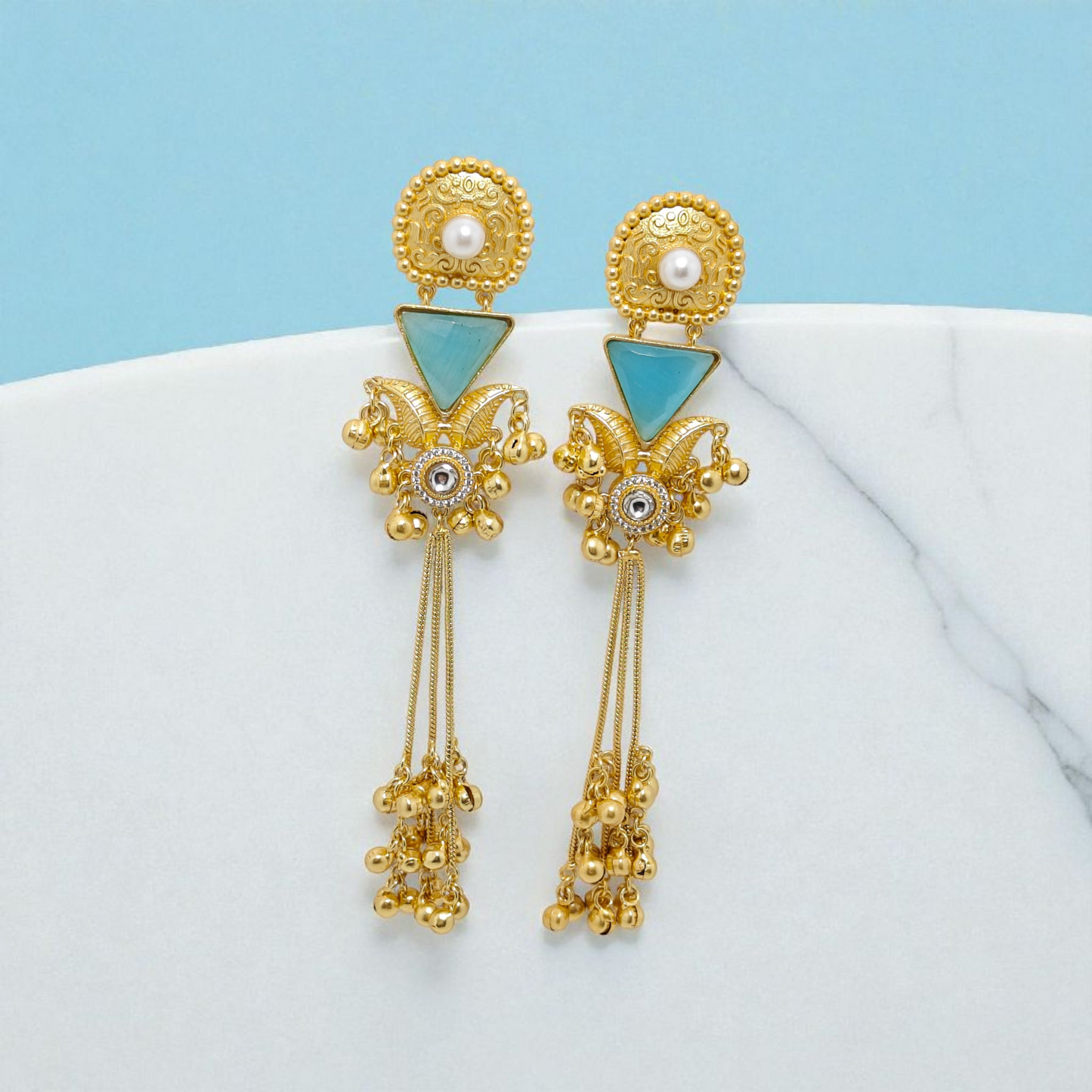Kashmiri Earrings, Length (6.1 inches), Colour (Sky blue).