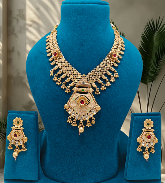"Gold Plated Necklace Set with intricate designs - Traditional Indian Jewellery"